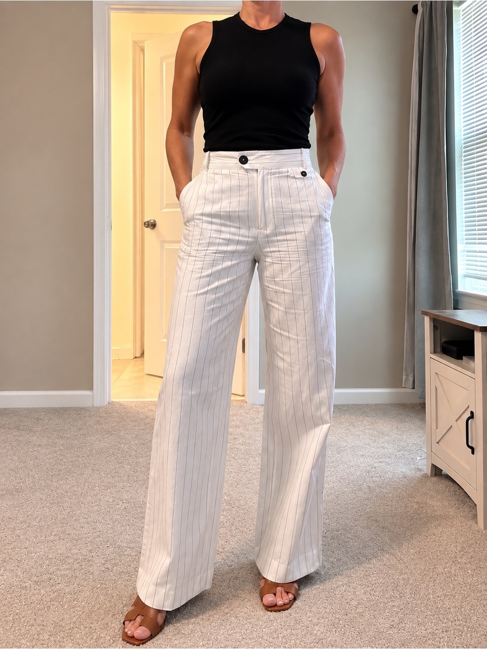 ZARA White Pinstripe Linen Wide Leg Pants – Size S